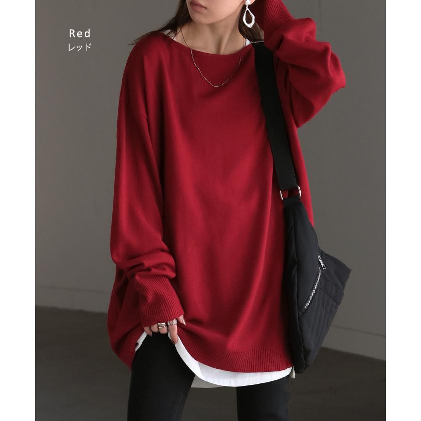 ニット トップス 手袋 指穴 レイヤードニット リブニット ライトニット レディース ボートネック セーター | HUG.U | 20