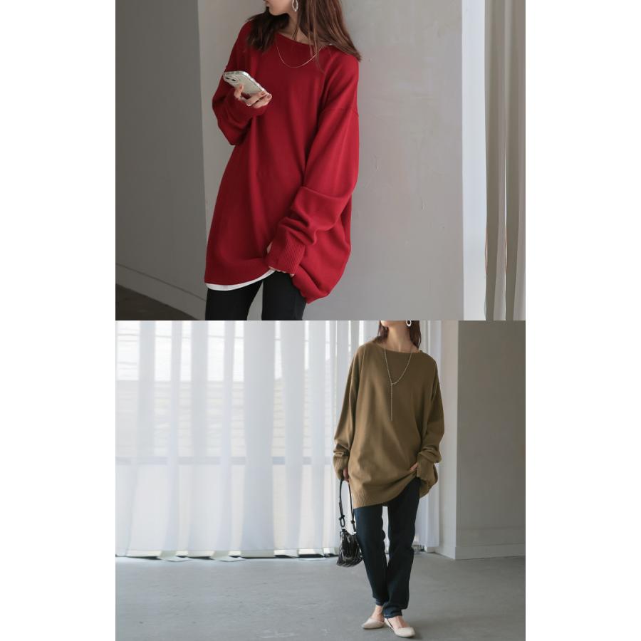 ニット トップス 手袋 指穴 レイヤードニット リブニット ライトニット レディース ボートネック セーター | HUG.U | 21