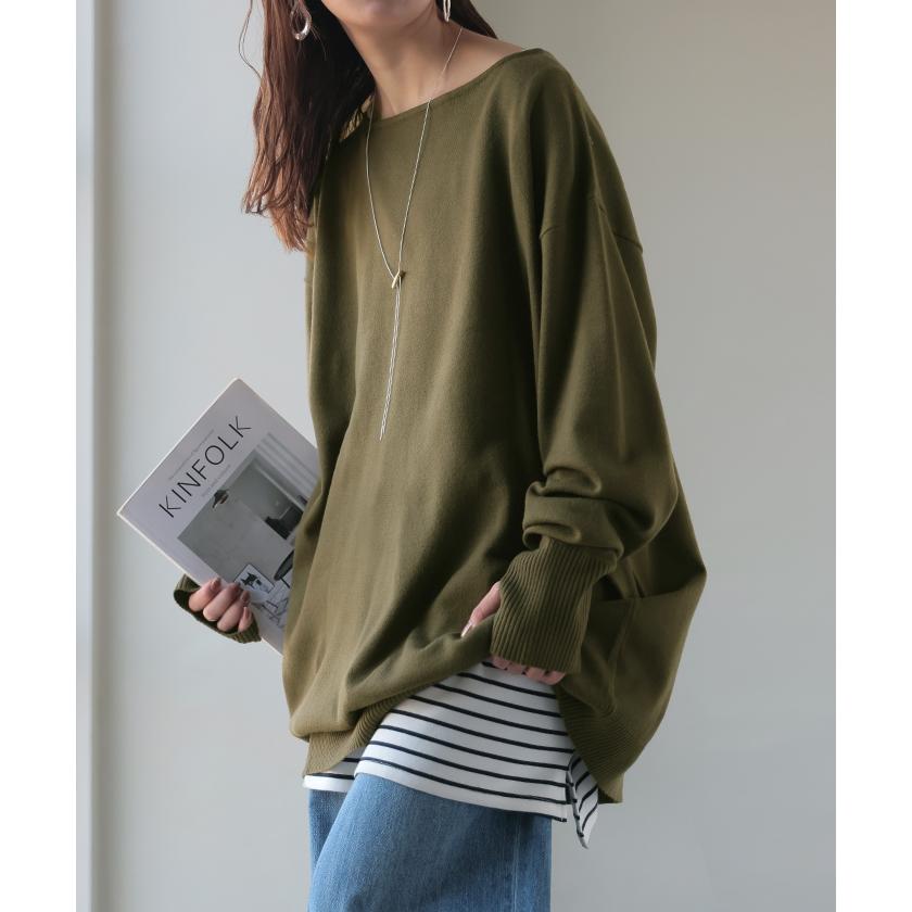 ニット トップス 手袋 指穴 レイヤードニット リブニット ライトニット レディース ボートネック セーター | HUG.U | 11