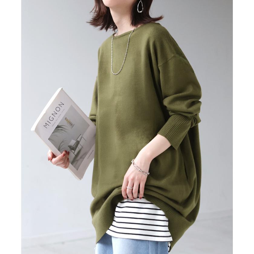 ニット トップス 手袋 指穴 レイヤードニット リブニット ライトニット レディース ボートネック セーター | HUG.U | 11