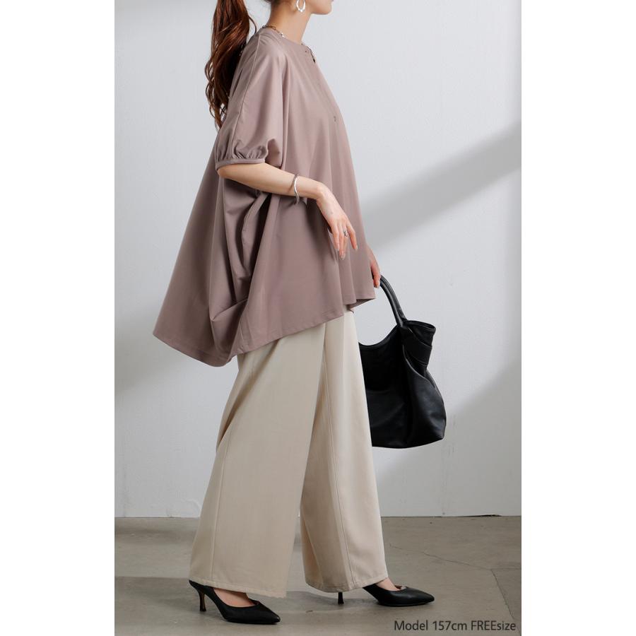 シャツ カーデ 接触冷感 UVカット レディース トップス ノーカラー バンドカラー ロング チュニック 半袖 無地 羽織 ドルマン ぽわん袖 ライトアウター きれいめ | HUG.U | 09