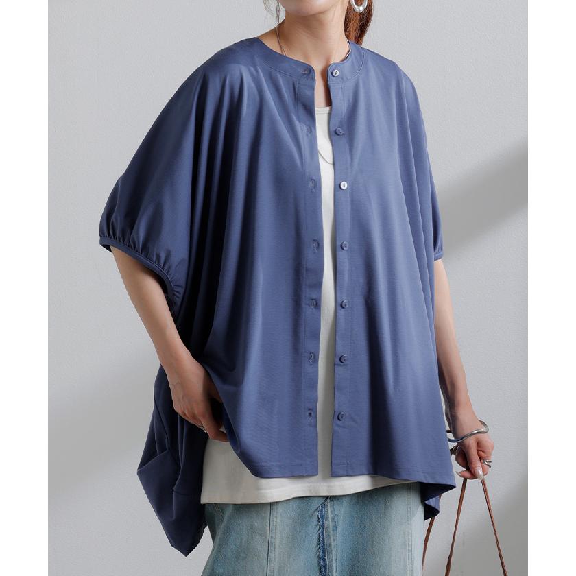 シャツ カーデ 接触冷感 UVカット レディース トップス ノーカラー バンドカラー ロング チュニック 半袖 無地 羽織 ドルマン ぽわん袖 ライトアウター きれいめ | HUG.U | 10