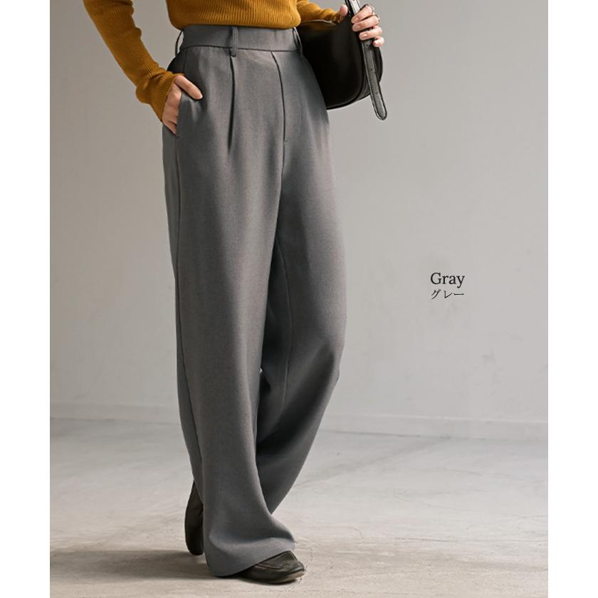 パンツ イージーケア ウール ライク ワイド テーパード タックパンツ レディース タック ワイドパンツ ストレッチ ロング ロングパンツ 体型カバー | HUG.U | 19