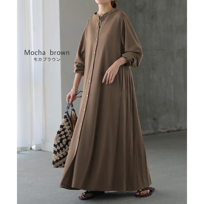 ワンピース プリーツ ノーカラ― レディース ロング ロングワンピース Aライン マキシ マキシワンピース ワンピ ロングワンピ シャツワンピースの画像