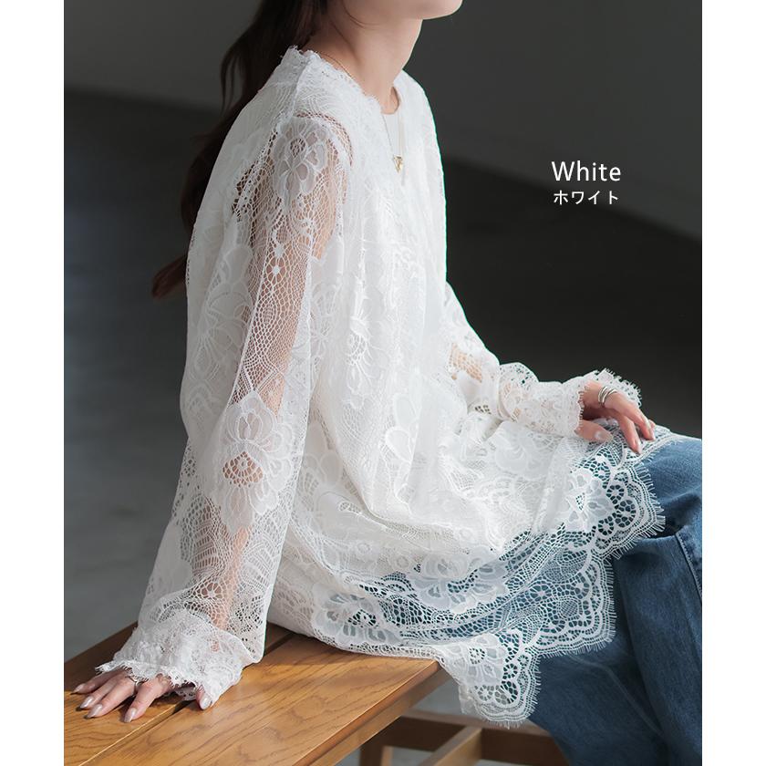 Tシャツ レース シアー レディース トップス レイヤード 長袖 カットソー ロング ティーシャツ ビッグ プラスサイズ | HUG.U | 12
