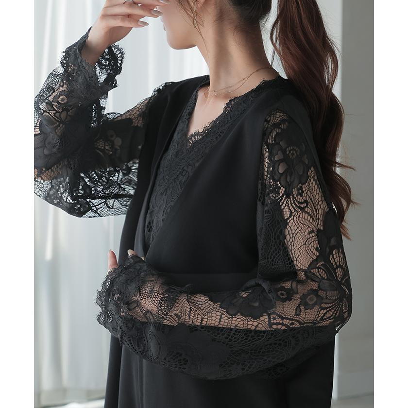 Tシャツ レース シアー レディース トップス レイヤード 長袖 カットソー ロング ティーシャツ ビッグ プラスサイズ | HUG.U | 15