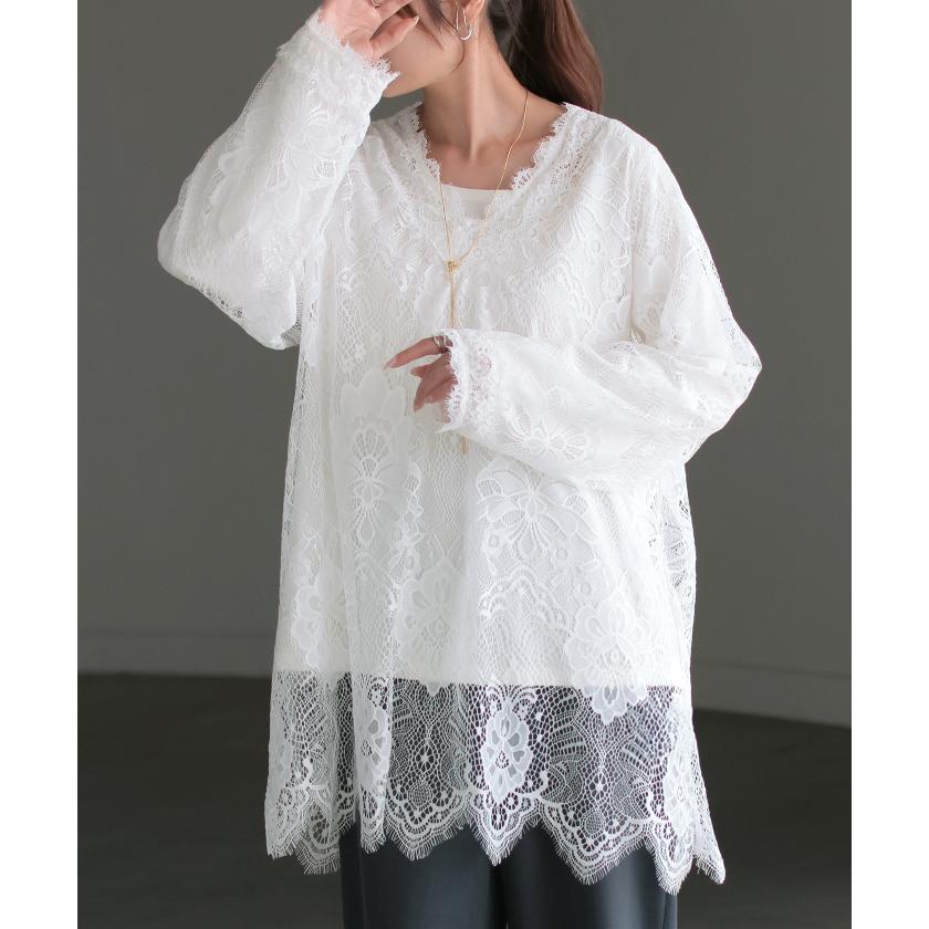 Tシャツ レース シアー レディース トップス レイヤード 長袖 カットソー ロング ティーシャツ ビッグ プラスサイズ | HUG.U | 06