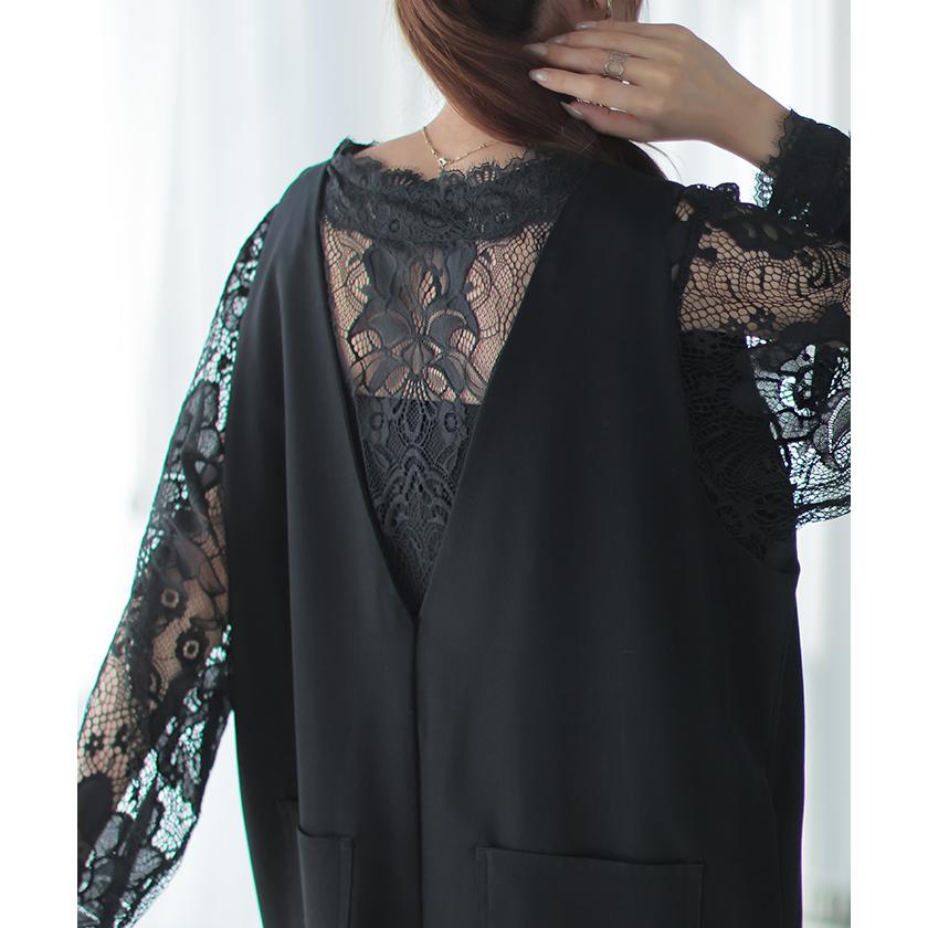 Tシャツ レース シアー レディース トップス レイヤード 長袖 カットソー ロング ティーシャツ ビッグ プラスサイズ | HUG.U | 08