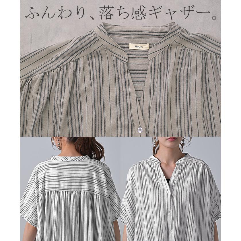 ワンピース ストライプ シャツ リネン 混 キーネック シャツワンピース シャツワンピ レディース ロング | HUG.U | 20