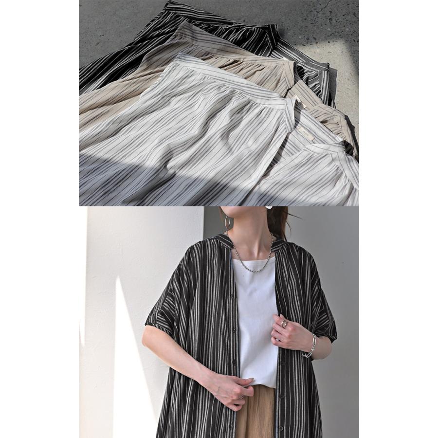 ワンピース ストライプ シャツ リネン 混 キーネック シャツワンピース シャツワンピ レディース ロング | HUG.U | 09