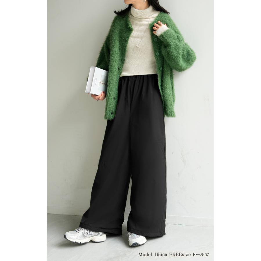 パンツ 裏ボア ナイロン ワイド レディース ワイドパンツ ロング 裏起毛 あったか 撥水 ボトム ストレート ズボン 軽量 ゆったり ハイウエスト ストレッチ | HUG.U | 19