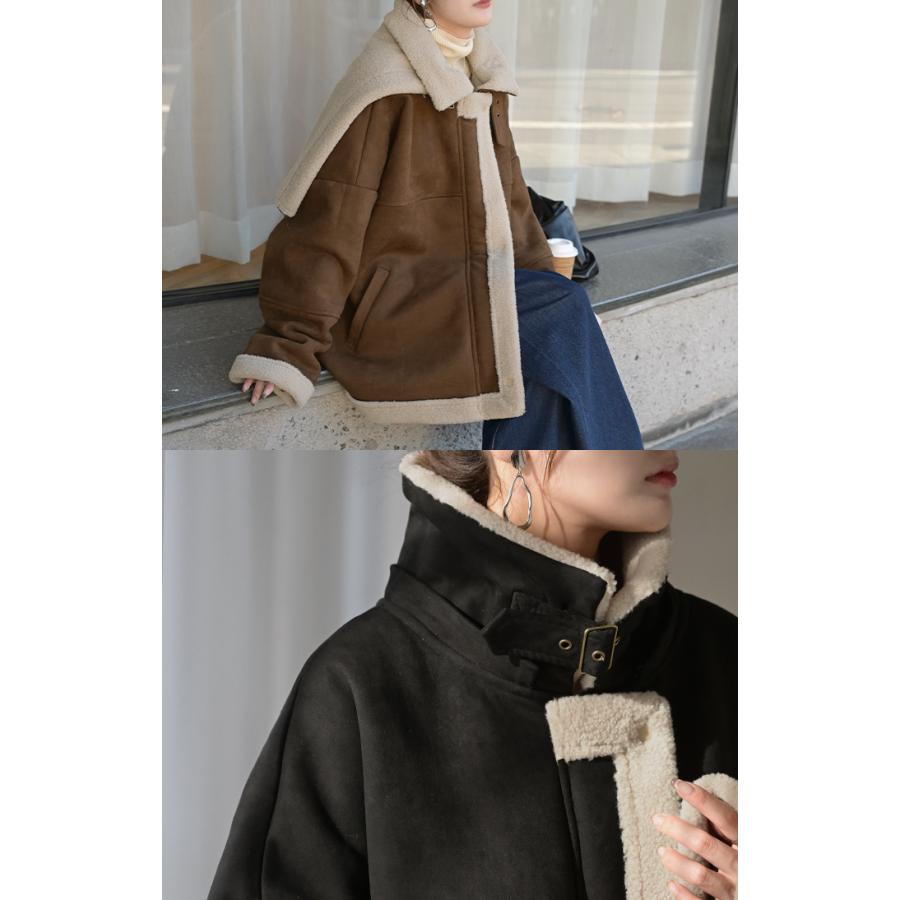 2025AW新作 コート フェイク ムートン レディース アウター ムートンコート ボア フェイクスエード 裏起毛 ロング 羽織 ジャケット ブルゾン オーバー ハイネック フード 取り外し可 オーバーサイズ 大きいサイズ 体型カバー 暖かい 黒 ブラウン 秋 冬 HUG.U HUG.U（ハグユー） コート フェイク ムートン レディース アウター