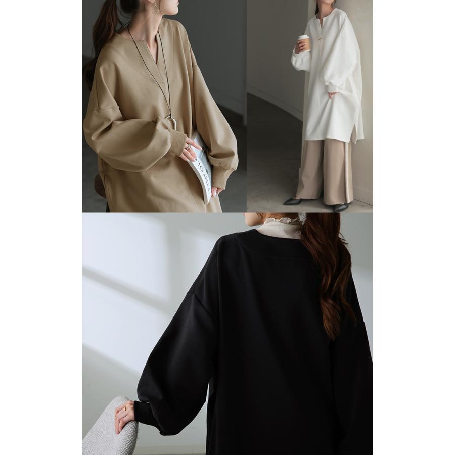 トップス レディース チュニック 長袖 Tシャツ カットソー ロンT ロング ティーシャツ Vネック 長い ドルマン | HUG.U | 24