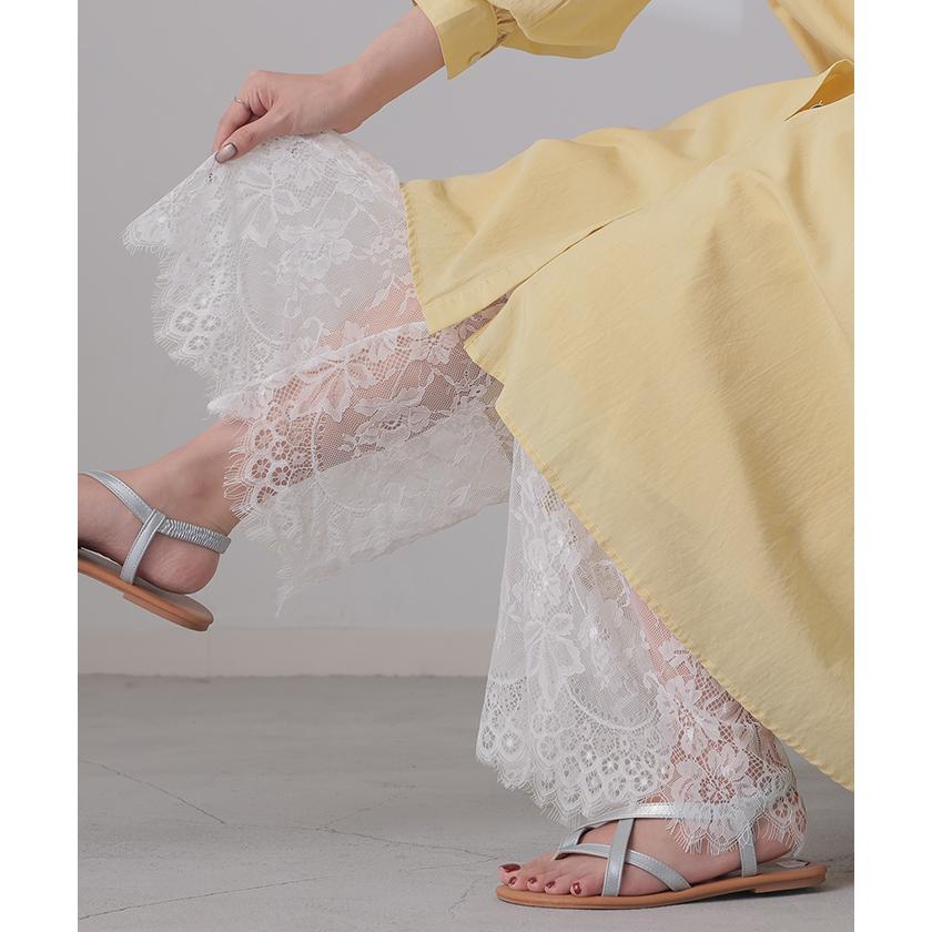 パンツ 裾 レース ワイドパンツ ワイド レディース ロング ロングパンツ 体型カバー 無地 ボトムス ボトム | HUG.U | 21