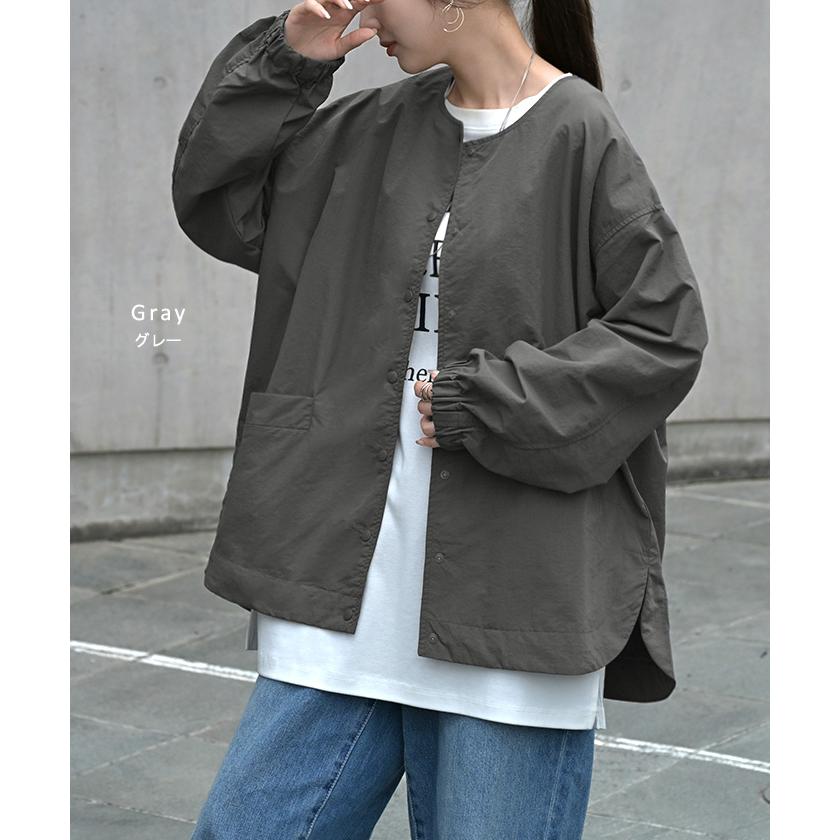 ブルゾン 撥水 軽量 レディース アウター ロング ジャケット 撥水ナイロン ノーカラー 雨の日 羽織 | HUG.U | 17
