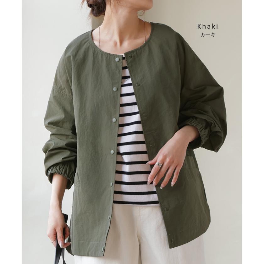 ブルゾン 撥水 軽量 レディース アウター ロング ジャケット 撥水ナイロン ノーカラー 雨の日 羽織 | HUG.U | 17