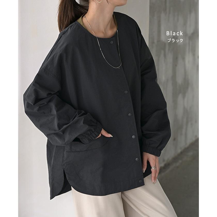 ブルゾン 撥水 軽量 レディース アウター ロング ジャケット 撥水ナイロン ノーカラー 雨の日 羽織 | HUG.U | 18