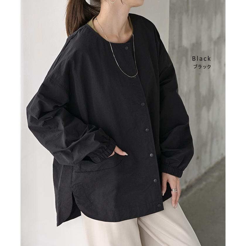 ブルゾン 撥水 軽量 レディース アウター ロング ジャケット 撥水ナイロン ノーカラー 雨の日 羽織 | HUG.U | 18