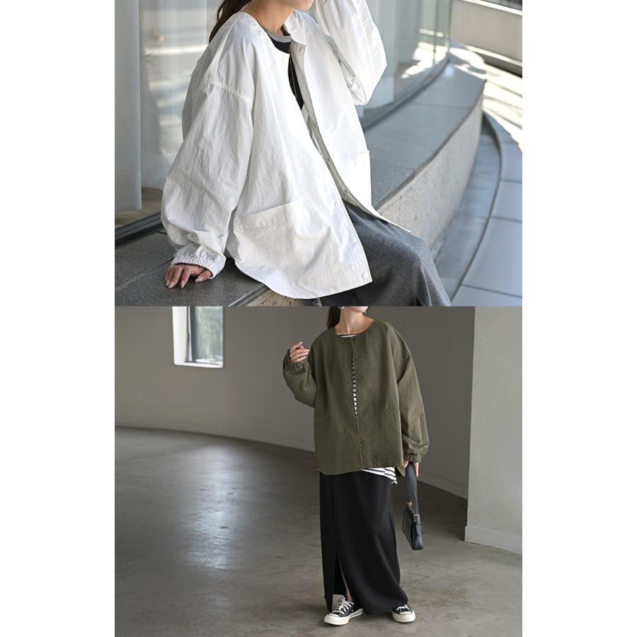 ブルゾン 撥水 軽量 レディース アウター ロング ジャケット 撥水ナイロン ノーカラー 雨の日 羽織 | HUG.U | 19