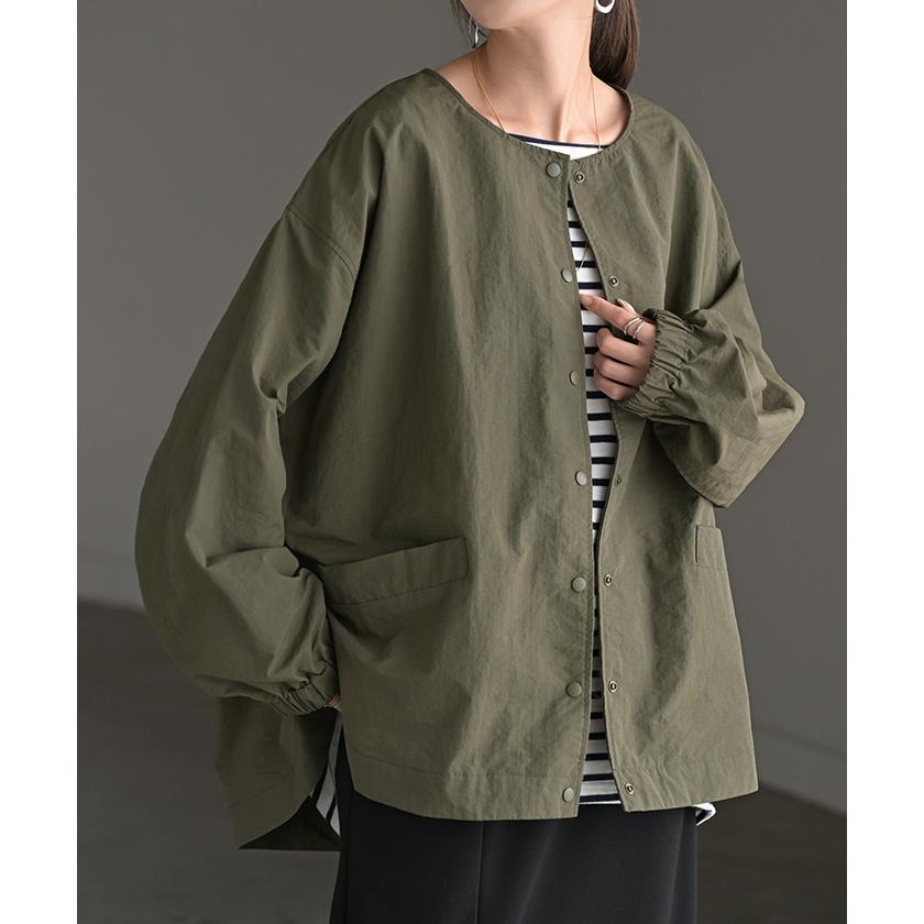 ブルゾン 撥水 軽量 レディース アウター ロング ジャケット 撥水ナイロン ノーカラー 雨の日 羽織 | HUG.U | 08