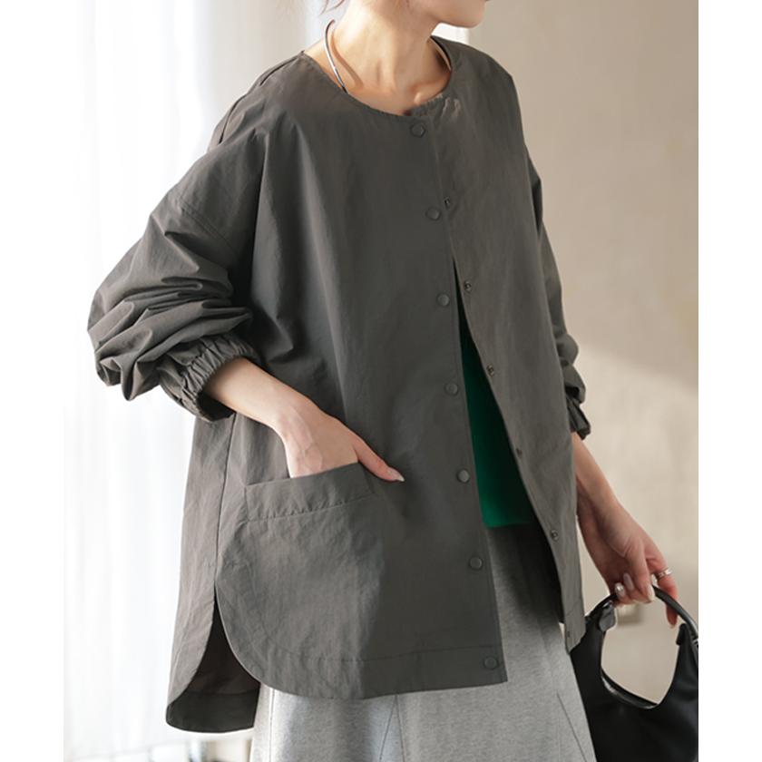 ブルゾン 撥水 軽量 レディース アウター ロング ジャケット 撥水ナイロン ノーカラー 雨の日 羽織 | HUG.U | 08