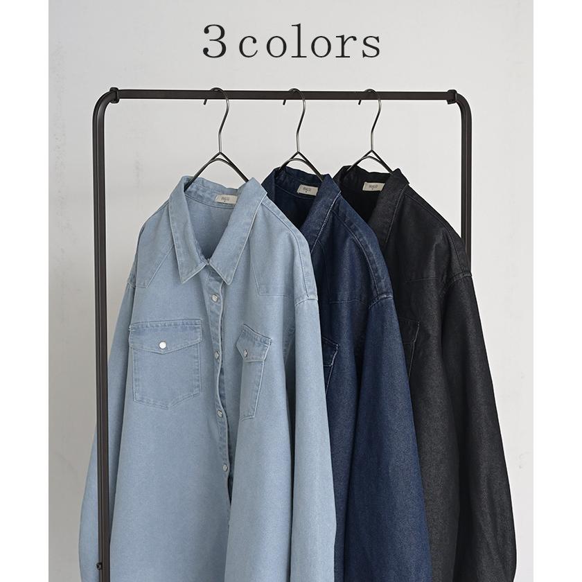シャツ デニム トップス ロング レディース アウター デニムシャツ チュニック 長袖 無地 羽織 Gジャン ジャケット ウエスタン ポケット ドロップショルダー | HUG.U | 12