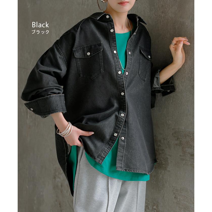 シャツ デニム トップス ロング レディース アウター デニムシャツ チュニック 長袖 無地 羽織 Gジャン ジャケット ウエスタン ポケット ドロップショルダー | HUG.U | 15