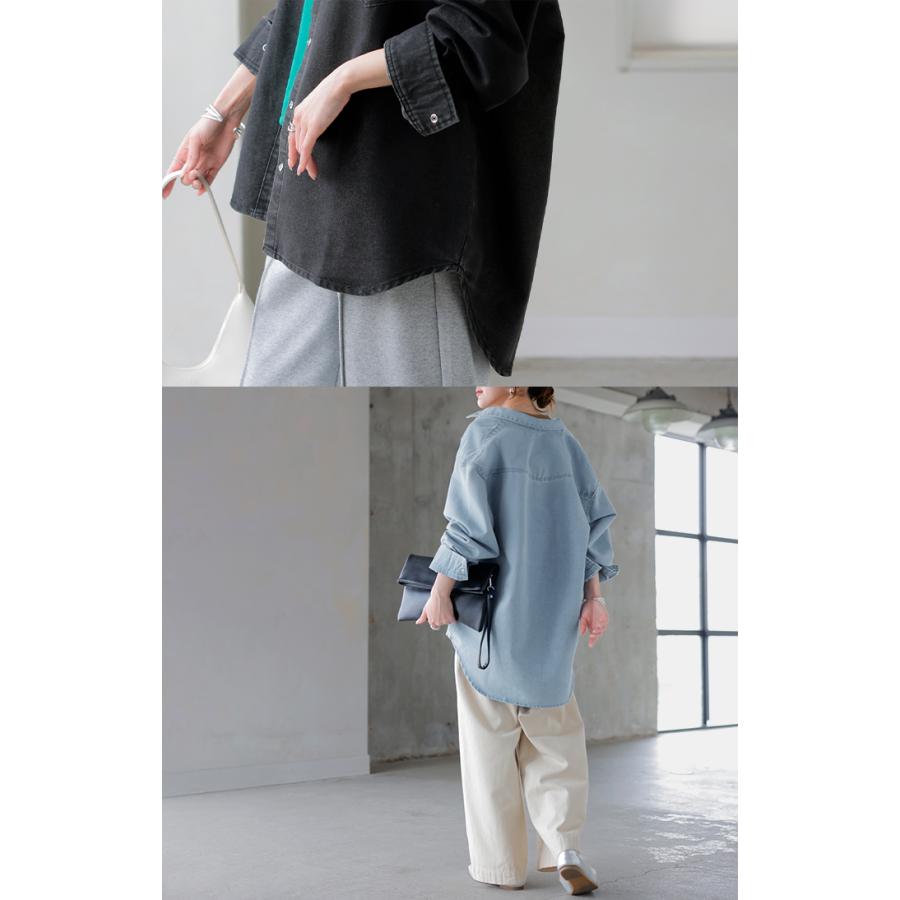 シャツ デニム トップス ロング レディース アウター デニムシャツ チュニック 長袖 無地 羽織 Gジャン ジャケット ウエスタン ポケット ドロップショルダー | HUG.U | 19
