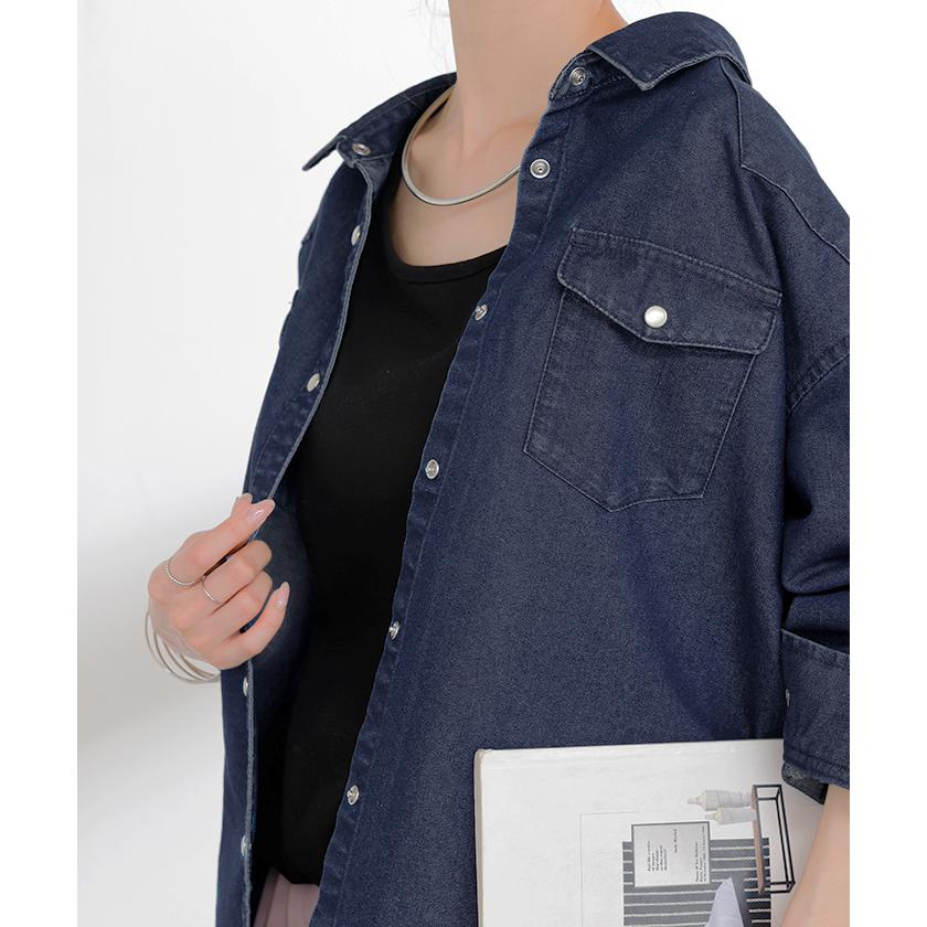 シャツ デニム トップス ロング レディース アウター デニムシャツ チュニック 長袖 無地 羽織 Gジャン ジャケット ウエスタン ポケット ドロップショルダー | HUG.U | 20