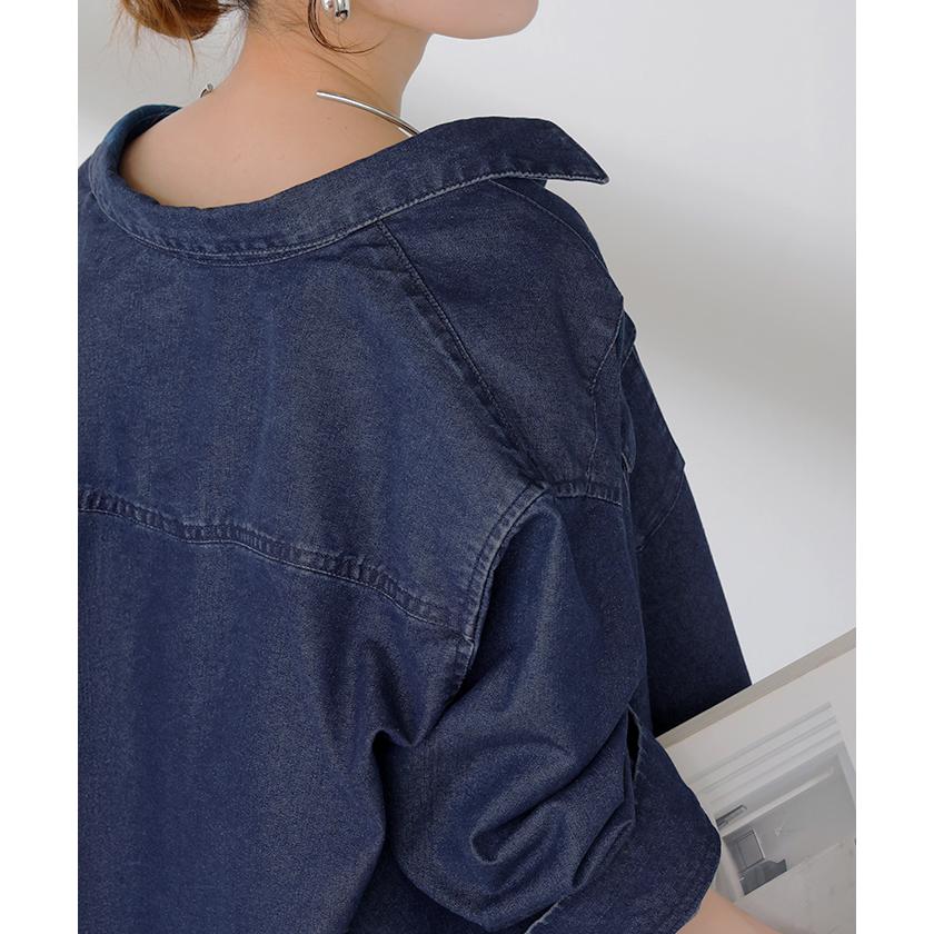 シャツ デニム トップス ロング レディース アウター デニムシャツ チュニック 長袖 無地 羽織 Gジャン ジャケット ウエスタン ポケット ドロップショルダー | HUG.U | 22