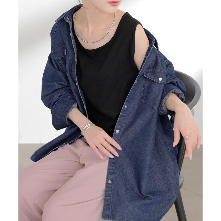 シャツ デニム トップス ロング レディース アウター デニムシャツ チュニック 長袖 無地 羽織 Gジャン ジャケット ウエスタン ポケット ドロップショルダー | HUG.U | 06