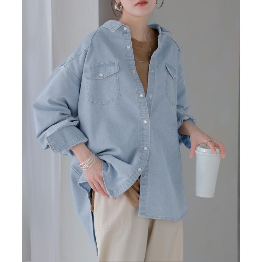 シャツ デニム トップス ロング レディース アウター デニムシャツ チュニック 長袖 無地 羽織 Gジャン ジャケット ウエスタン ポケット ドロップショルダー | HUG.U | 07
