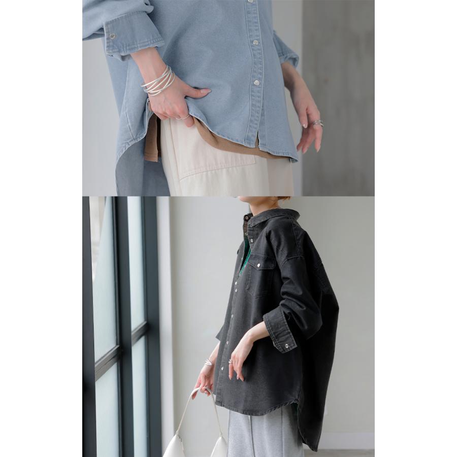シャツ デニム トップス ロング レディース アウター デニムシャツ チュニック 長袖 無地 羽織 Gジャン ジャケット ウエスタン ポケット ドロップショルダー | HUG.U | 10
