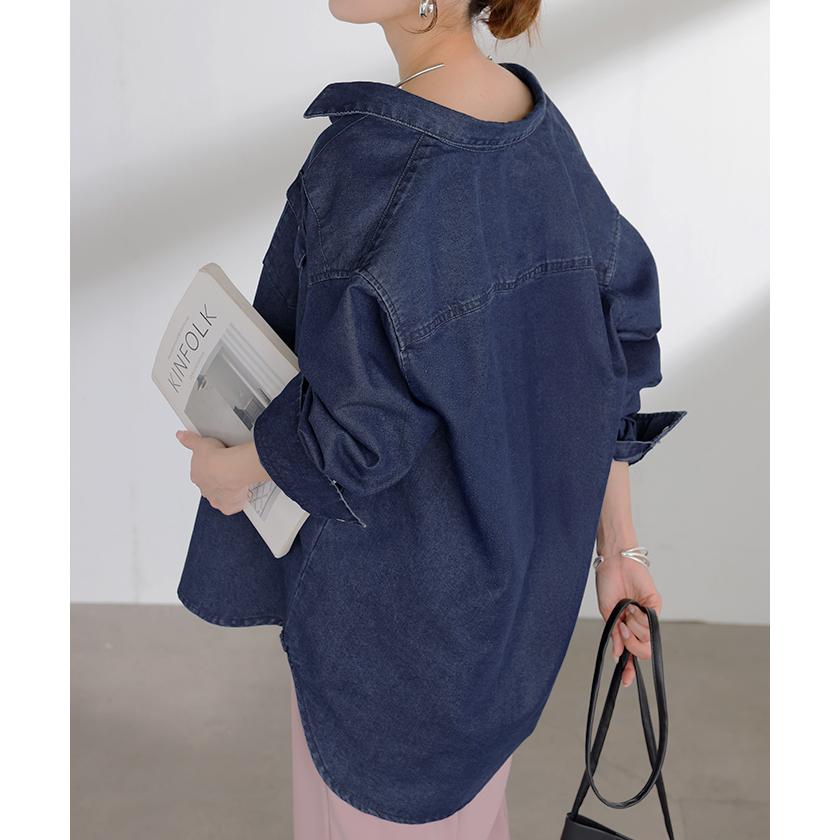 シャツ デニム トップス ロング レディース アウター デニムシャツ チュニック 長袖 無地 羽織 Gジャン ジャケット ウエスタン ポケット ドロップショルダー | HUG.U | 11