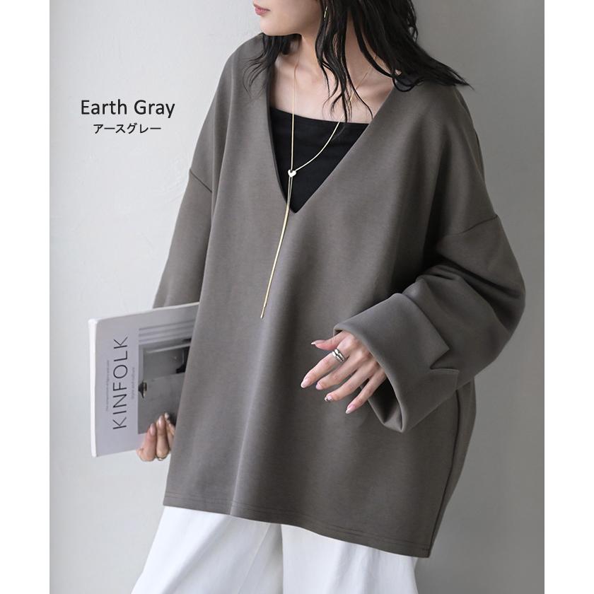 スウェット ワイド袖 ダンボール チュニック トップス レディース レイヤード トレーナー プルオーバー Vネック ビッグ ドルマン ワイドスリーブ リブ | HUG.U | 13