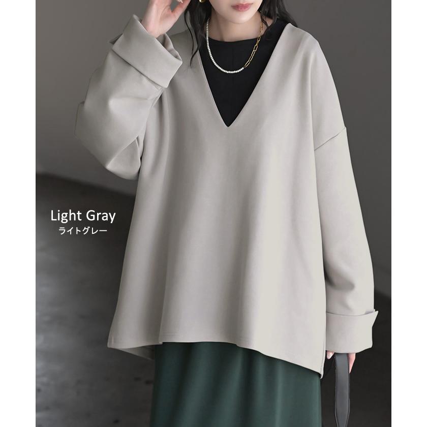 スウェット ワイド袖 ダンボール チュニック トップス レディース レイヤード トレーナー プルオーバー Vネック ビッグ ドルマン ワイドスリーブ リブ | HUG.U | 14