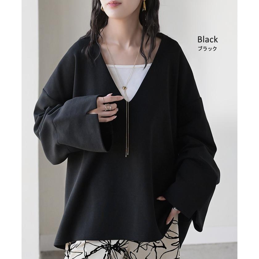 スウェット ワイド袖 ダンボール チュニック トップス レディース レイヤード トレーナー プルオーバー Vネック ビッグ ドルマン ワイドスリーブ リブ | HUG.U | 15