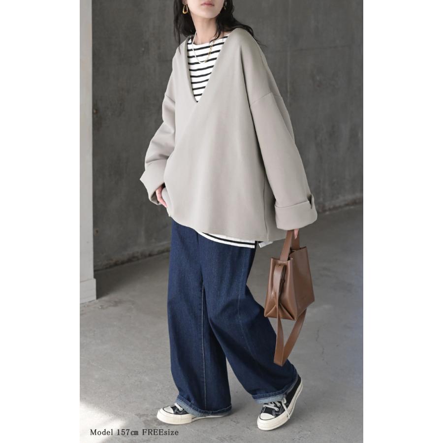 スウェット ワイド袖 ダンボール チュニック トップス レディース レイヤード トレーナー プルオーバー Vネック ビッグ ドルマン ワイドスリーブ リブ | HUG.U | 16