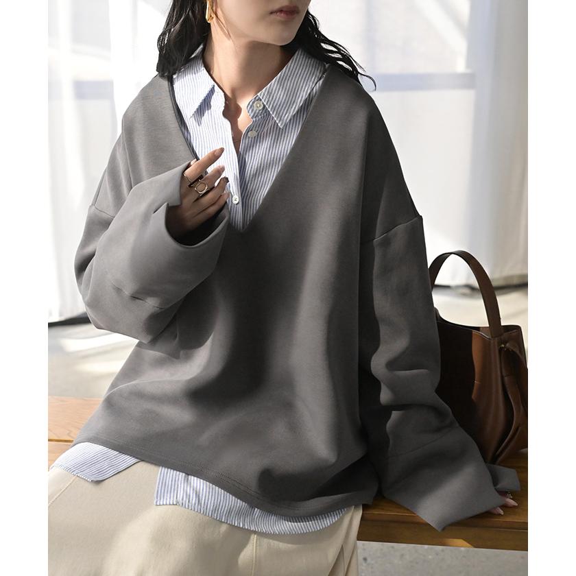 スウェット ワイド袖 ダンボール チュニック トップス レディース レイヤード トレーナー プルオーバー Vネック ビッグ ドルマン ワイドスリーブ リブ | HUG.U | 18