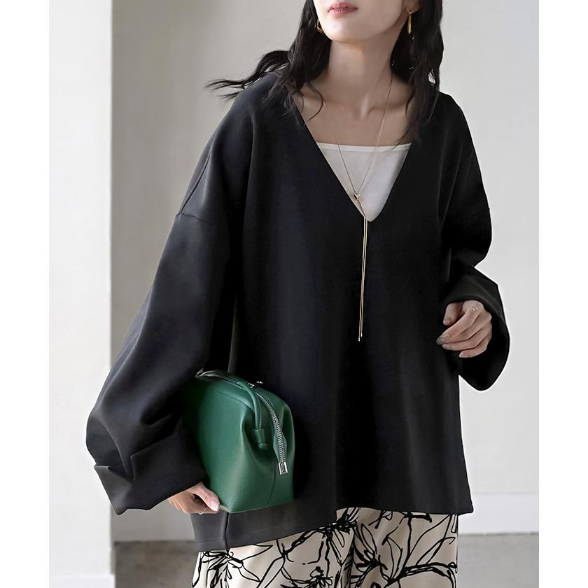 スウェット ワイド袖 ダンボール チュニック トップス レディース レイヤード トレーナー プルオーバー Vネック ビッグ ドルマン ワイドスリーブ リブ | HUG.U | 22