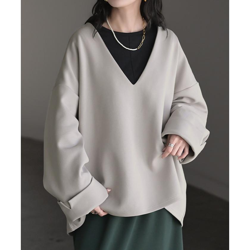 スウェット ワイド袖 ダンボール チュニック トップス レディース レイヤード トレーナー プルオーバー Vネック ビッグ ドルマン ワイドスリーブ リブ | HUG.U | 07