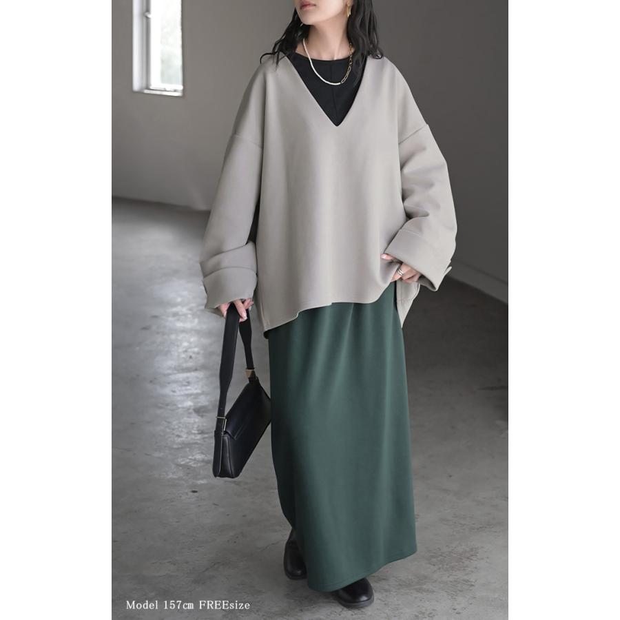 スウェット ワイド袖 ダンボール チュニック トップス レディース レイヤード トレーナー プルオーバー Vネック ビッグ ドルマン ワイドスリーブ リブ | HUG.U | 10