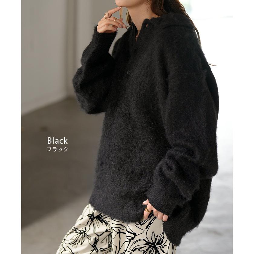 ニット シャギーニット レディース トップス セーター オーバー シャギー ポロ プルオーバー ポロニット ロング 長袖 長い ボリュームスリーブ Vネック リブ | HUG.U | 18