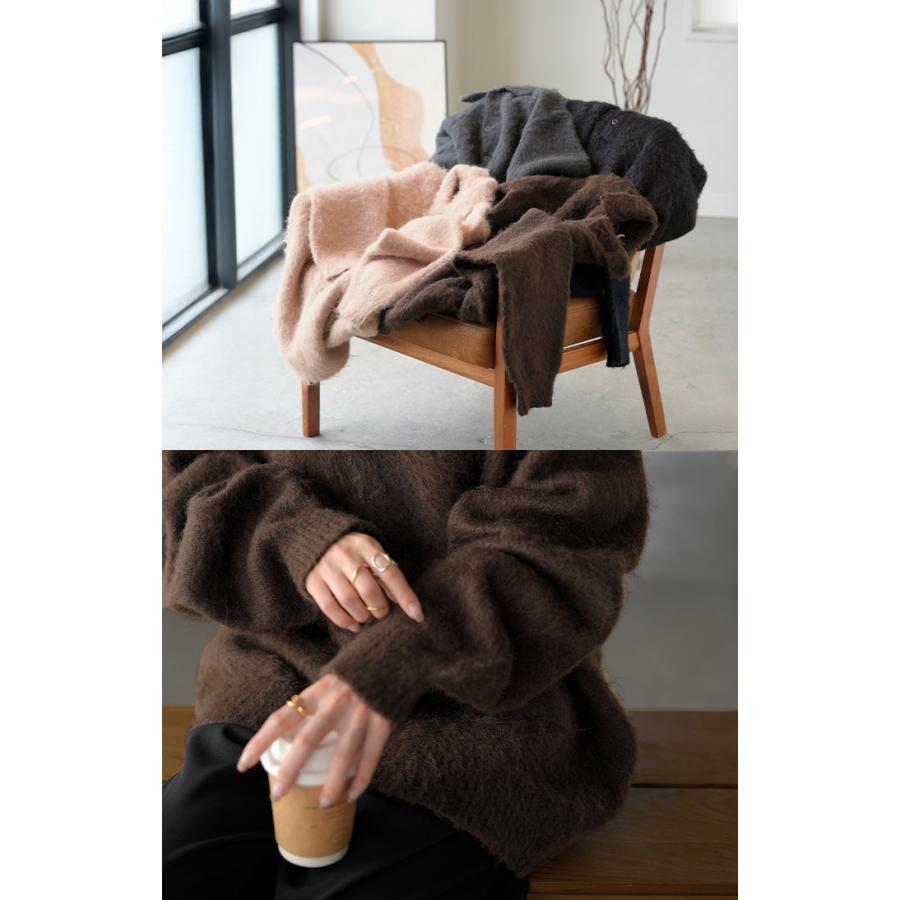 ニット シャギーニット レディース トップス セーター オーバー シャギー ポロ プルオーバー ポロニット ロング 長袖 長い ボリュームスリーブ Vネック リブ | HUG.U | 20