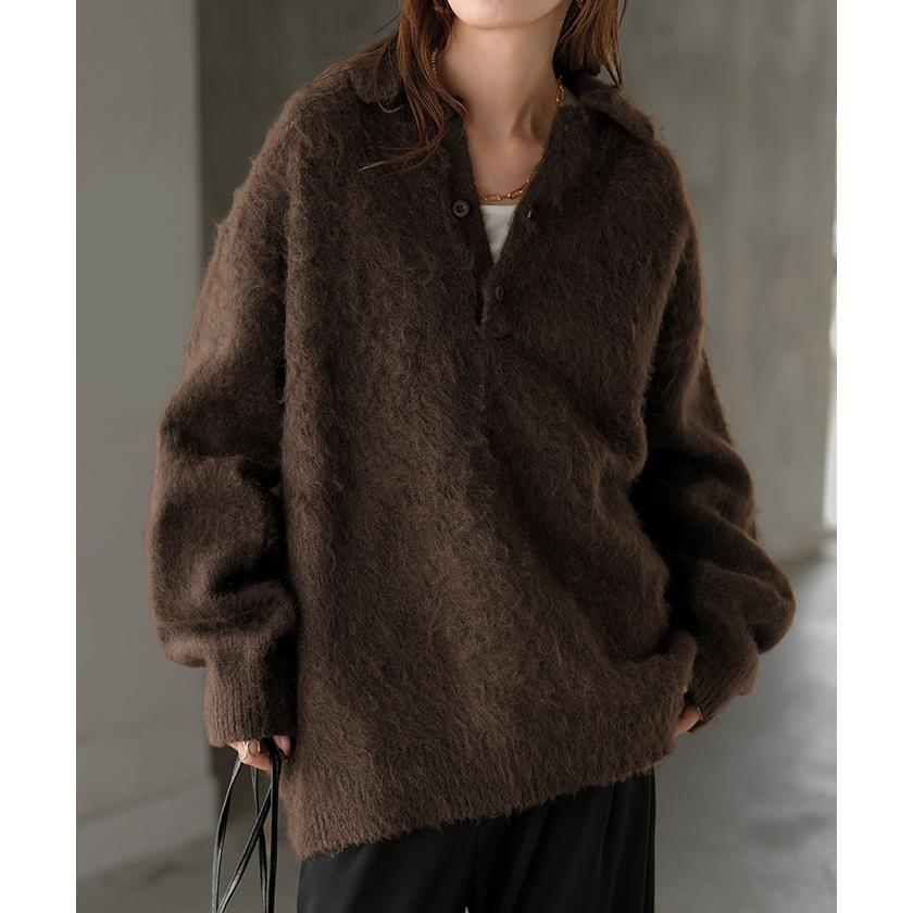 ニット シャギーニット レディース トップス セーター オーバー シャギー ポロ プルオーバー ポロニット ロング 長袖 長い ボリュームスリーブ Vネック リブ | HUG.U | 08