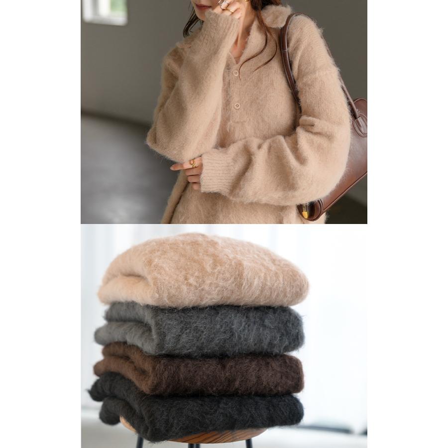 ニット シャギーニット レディース トップス セーター オーバー シャギー ポロ プルオーバー ポロニット ロング 長袖 長い ボリュームスリーブ Vネック リブ | HUG.U | 10