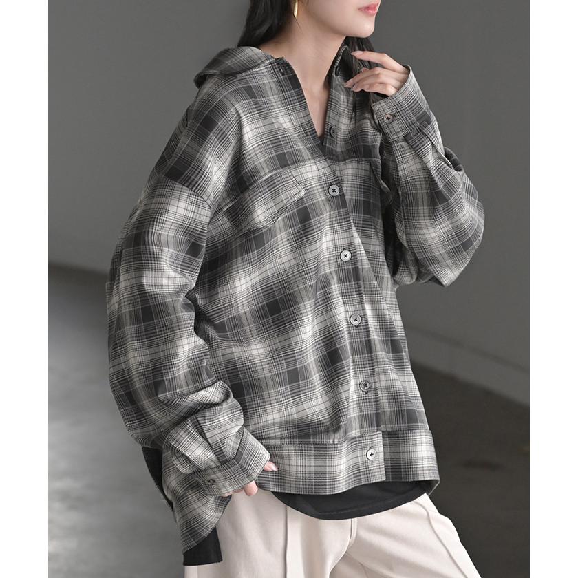 シャケット シャツ ジャケット チェックシャツ レディース トップス ロング ロングシャツ アウター チュニック 長袖 チェック 柄 羽織 ライトアウター | HUG.U | 15