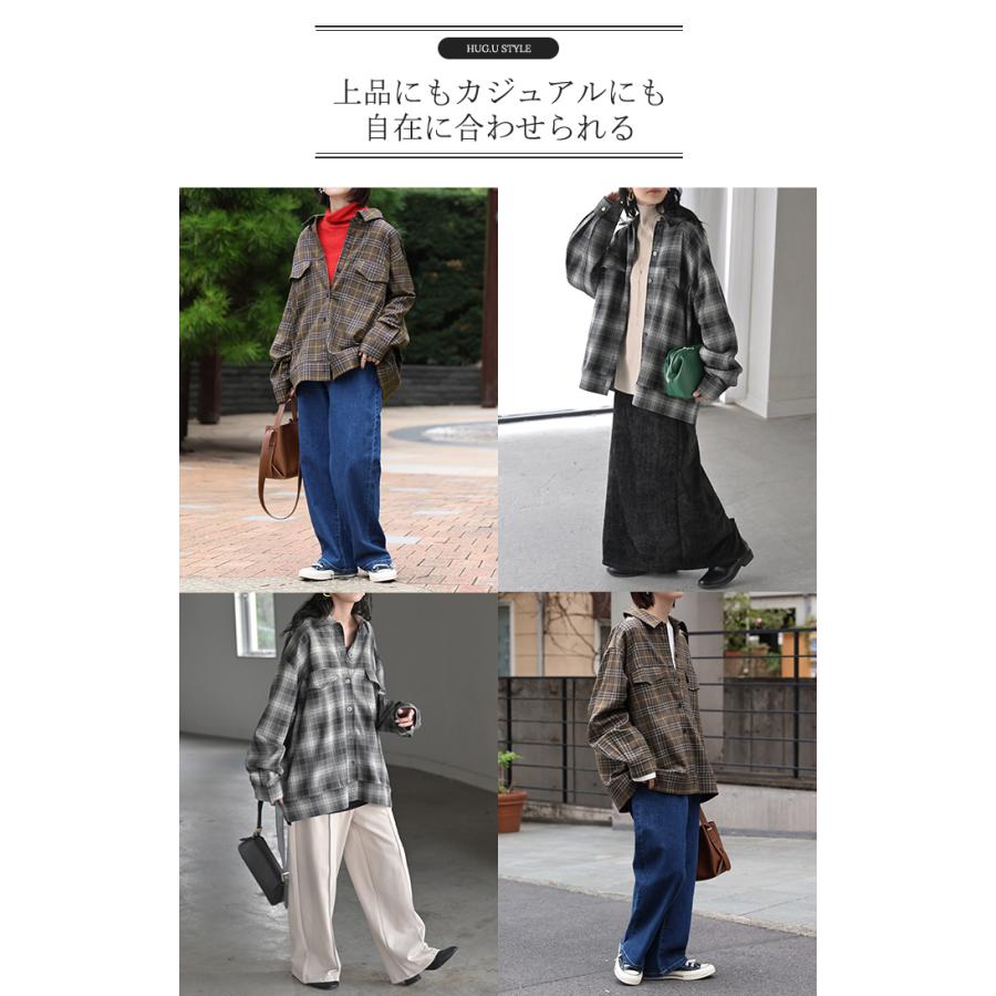 シャケット シャツ ジャケット チェックシャツ レディース トップス ロング ロングシャツ アウター チュニック 長袖 チェック 柄 羽織 ライトアウター | HUG.U | 17