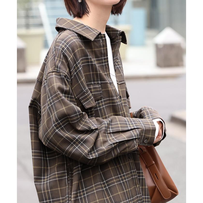 シャケット シャツ ジャケット チェックシャツ レディース トップス ロング ロングシャツ アウター チュニック 長袖 チェック 柄 羽織 ライトアウター | HUG.U | 20