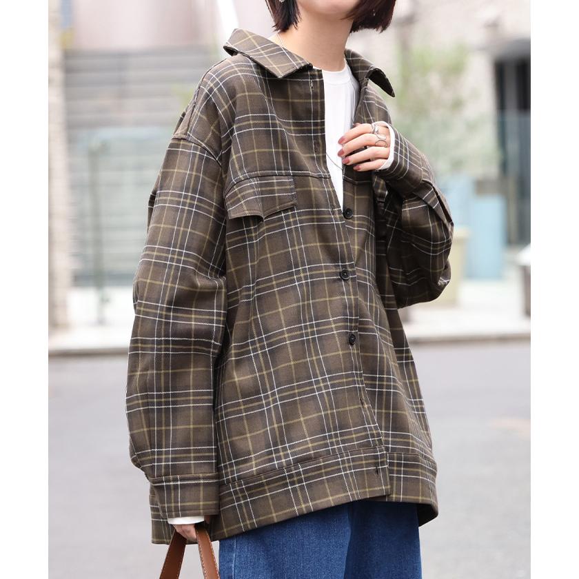シャケット シャツ ジャケット チェックシャツ レディース トップス ロング ロングシャツ アウター チュニック 長袖 チェック 柄 羽織 ライトアウター | HUG.U | 06
